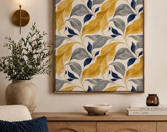 Watercolor Leaf Pattern Print | Gold Navy Botanical Repeat (Digital Download)