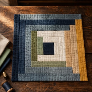 May include: A square, handmade quilt with a log cabin design. The quilt features concentric rectangles in shades of blue, green, beige, and yellow. The central square is dark blue. The quilt is placed on a wooden surface.