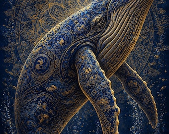 Korean Mandala Humpback Whale Art Print | Blue Gold Ocean Wall Decor (Digital Download)