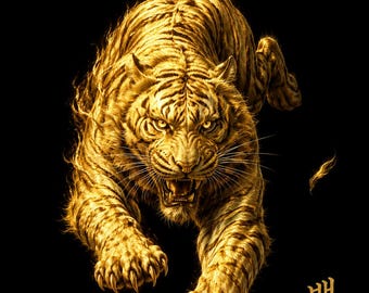 Korean White Tiger Gold Line Art Print | Baekho Charging Wall Art (Digital Download)