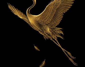 Korean Crane Art Print | 24k Gold Filament, Dark Academia Wall Art (Digital Download)