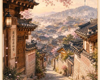 Bukchon Hanok Village Seoul Art Print | Korea Cherry Blossom Travel Poster | Digital Download