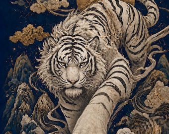 White Tiger Art Print | Baekho Korean Guardian | Dark Fantasy Wall Art (Digital Download)