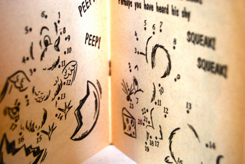 May include: A vintage children's book with a connect-the-dots activity. The image shows two pages of the book, with one page featuring a bird and the other page featuring a mouse. The text on the pages reads "PEEP" and "PEEPI" on the left page and "Perhaps you have heard his shy SQUEAKI SQUEAKI" on the right page.