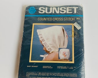 Vintage Sunset Counted Cross Stitch Baby Bonnet DIY Kit