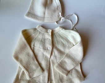 Vintage Hand Crafted Baby Sweater with Matching Hat, White and Green