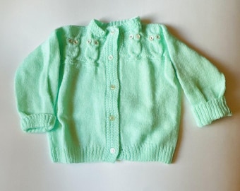 Vintage Baby Sweater, Owl Theme, Mint Green, Cardigan