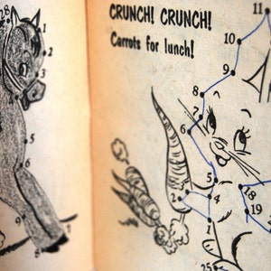 May include: A connect-the-dots activity book page with two illustrations. The first illustration is of a horse with a bridle and the second illustration is of a rabbit eating a carrot. The page has the text "CRUNCH! CRUNCH! Carrots for lunch!" printed at the top.