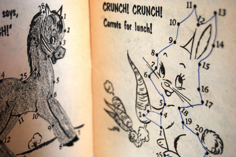 May include: A connect-the-dots activity book page with two illustrations. The first illustration is of a horse with a bridle and the second illustration is of a rabbit eating a carrot. The page has the text "CRUNCH! CRUNCH! Carrots for lunch!" printed at the top.
