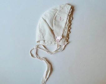 Vintage Delicate Infant Bonne, White with Pastel Touches and Lace Trim