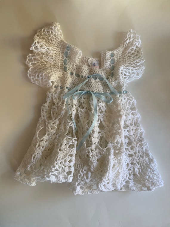 Vintage Toddler Dress, Hand Crafted, White and Blu