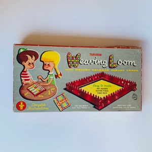 May include: A vintage Transogram Weaving Loom box with bright colored jersey loops. The box features illustrations of two children weaving and a red loom with instructions for making pot holders, scatter pieces, and table mats.