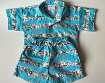Vintage Health-tex 2 Piece Shorts and Shirt Set, Animals in Cars, 12 months