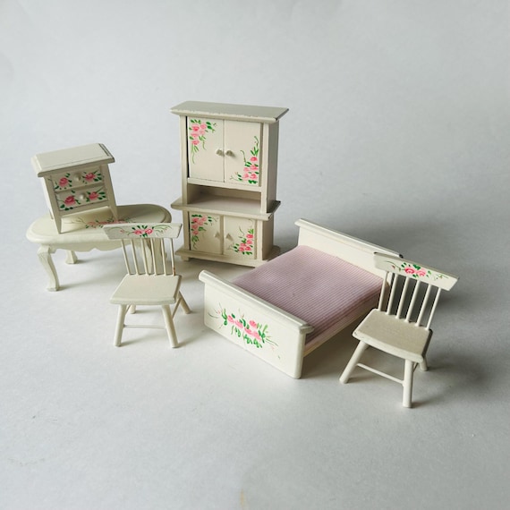 Vintage Collection of Doll House Furniture, White, Hand Painted