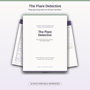 Op de afbeelding: Een 18-pagina tellend printbaar werkboek getiteld The Flare Detective, ontworpen als hulpmiddel voor het bijhouden van triggers bij chronische ziekten en fibromyalgie. De omslag bevat donkerpaarse tekst, inclusief de ondertitel en een samenvatting.