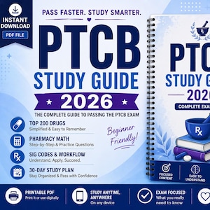 May include: A spiral-bound PTCB Study Guide 2026 with a blue and white cover. The cover features the title, a mortar and pestle, and the text "Complete Exam Prep." Additional pages show study aids, including top drug lists and pharmacy math.