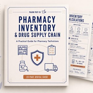 Può includere: Una guida digitale di 20 pagine intitolata Pharmacy Inventory & Drug Supply Chain: A Practical Guide for Pharmacy Technicians. La copertina presenta icone blu e arancioni di uno scaffale di farmacia, uno scudo, una cartellina e un camion.