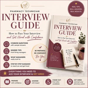 May include: A Pharmacy Technician Interview Guide book with a maroon and cream cover. The cover features the title, a spiral notebook with the text Be Prepared, Be Confident, Be You, a pen, a small potted plant, and a maroon mug with an Rx symbol.