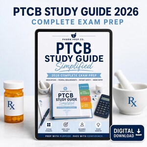 May include: A digital tablet displays the PTCB Study Guide 2026 Complete Exam Prep cover, featuring text, a mortar and pestle, a calculator, and a pen. The screen shows sections for medications, federal requirements, patient safety, and order entry.