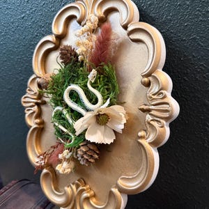 May include: A wall-mounted gold-painted ornate frame containing a white snake skeleton, green moss, a white flower, small pinecones, and dried botanical elements arranged in a cluster on a gold-colored backing surface.