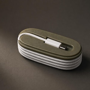May include: An olive green and white USB-C charging cable neatly coiled and stored in a matching olive green case. The cable is white and the case is oval-shaped. The background is a solid dark gray.