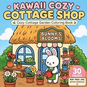 Kawaii Cottage Coloring Book, Cozy Tiny Shops, Animal Store Scenes, Bold Easy Pages