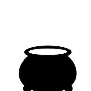 May include: A solid black silhouette of a rounded cauldron with a wide circular opening at the top and three small, rounded feet at the base. The design is simple and graphic, featuring a bold, high-contrast shape against a plain white background.