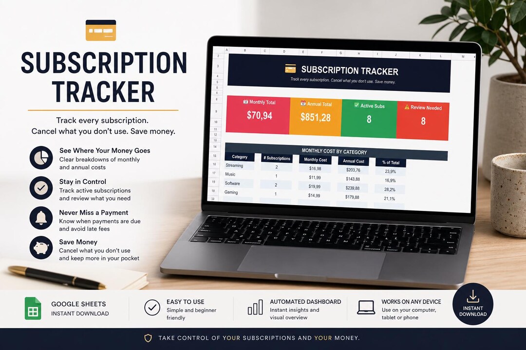 Subscription Tracker Spreadsheet | Monthly Budget Planner (digital ...