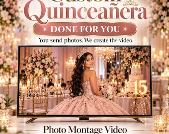 Puede incluir: Una pantalla digital que muestra un servicio de video montaje fotográfico personalizado para Quinceañera. La imagen muestra a una persona con vestido rosa y tiara en un banquete. Texto: Custom Quinceañera, DONE FOR YOU, You send photos. We create the video, Photo Montage Video, Sweet 15, Mis Quince Años.
