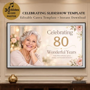Pode incluir: Um modelo de apresentação digital para um 80º aniversário com o retrato de uma pessoa idosa de cabelos grisalhos, detalhes florais e o texto Celebrating 80 Wonderful Years. A life filled with love, grace, family, and beautiful memories.