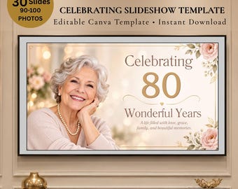 Puede incluir: Una plantilla de presentación digital para un 80 cumpleaños con el retrato de una persona mayor de pelo gris, detalles florales y el texto Celebrating 80 Wonderful Years. A life filled with love, grace, family, and beautiful memories.