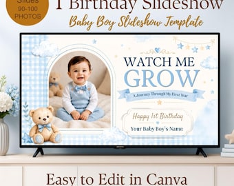 Puede incluir: Una plantilla de presentación digital para el primer cumpleaños de un bebé niño mostrada en una pantalla de televisión. El diseño presenta patrones de cuadros vichy azules, osos de peluche, nubes y estrellas. El texto incluye 1st Birthday Slideshow, Watch Me Grow, A Journey Through My First Year, Happy 1st Birthday y Easy to Edit in Canva.