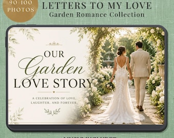 Presentación de diapositivas de boda en Canva, Romance en el jardín, Video de historia de amor, 30 diapositivas, 90-100+ fotos