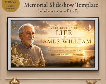 Puede incluir: Una plantilla de presentación conmemorativa con un atardecer sobre el agua, una paloma blanca, lirios blancos y el retrato de un hombre mayor. El texto dice: Memorial Slideshow Template, Celebration of Life, A Celebration of Life, James Willeam, Cherished Today, Remembered Always, March 12, 1950 - July 18, 2025.