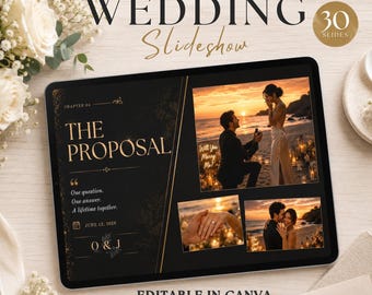 Puede incluir: Una tableta digital que muestra una plantilla de presentación de diapositivas de boda de 30 diapositivas en negro y dorado. La pantalla presenta el texto THE PROPOSAL, CHAPTER 04 y O & J, junto a tres fotos de una propuesta de matrimonio en la playa.