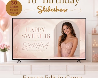Puede incluir: Una plantilla digital de presentación de diapositivas para un 16º cumpleaños en una pantalla de televisión. La pantalla muestra el texto Happy Sweet 16 Sophia A Beautiful Chapter Begins, una foto de una persona con vestido rosa y detalles dorados.