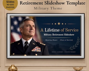 Puede incluir: Una plantilla de presentación de diapositivas de jubilación con temática militar. El gráfico presenta un fondo azul oscuro con texto dorado que dice A Lifetime of Service, Military Retirement Slideshow, Honoring [Name] y [Years of Service].