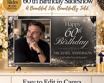 Puede incluir: Una plantilla de presentación de diapositivas para 60 cumpleaños en Canva con tema negro y dorado. El diseño incluye un marcador de posición para una foto de un hombre, el texto Happy 60th Birthday Michael Anderson, A Life Well Celebrated y 30 Slides 90-100 Photos.