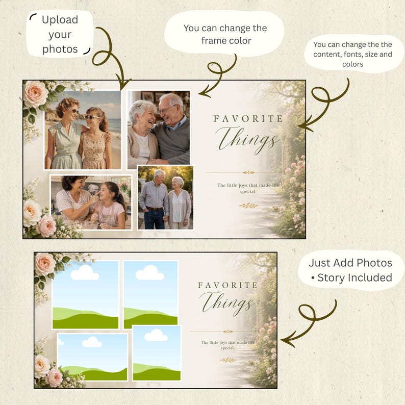 Memorial photo slideshow featuring soft garden background