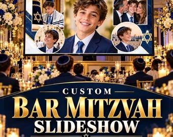 Puede incluir: Una pantalla digital que muestra un montaje fotográfico de una persona joven con una kipá azul y traje durante una celebración de Bar Mitzvah. La pantalla muestra varios retratos y el texto CUSTOM BAR MITZVAH SLIDESHOW Done-for-You Photo Montage.
