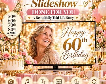 Puede incluir: Una pantalla digital que muestra un servicio de presentación de diapositivas de cumpleaños. La imagen incluye a una persona sonriente y el texto Happy 60th Birthday. Rodeado de globos, un pastel e iconos con 150 fotos, música y video 1080p.