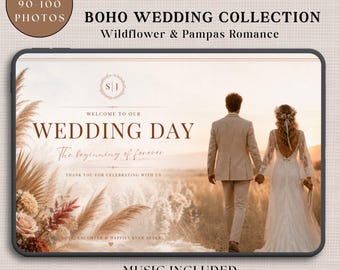 Puede incluir: Una plantilla digital para invitación de boda con el texto BOHO WEDDING COLLECTION, WELCOME TO OUR WEDDING DAY y The beginning of forever. El diseño incluye hierba de la pampa, flores silvestres y una pareja caminando en un campo.