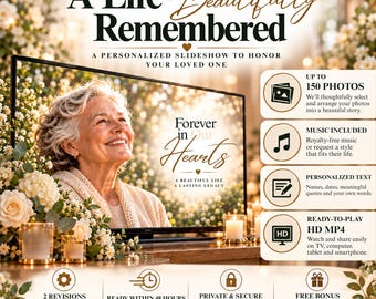 Puede incluir: Un anuncio de servicio de presentación conmemorativa digital que muestra una pantalla de televisión con el retrato de una persona mayor y el texto A Life Beautifully Remembered, junto a una lista de características que incluyen 150 fotos, música, texto personalizado y formato HD MP4.