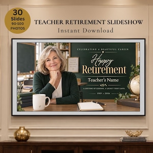May include: A digital teacher retirement slideshow template featuring a photo of a person at a desk with a mug and notebook. Text reads: TEACHER RETIREMENT SLIDESHOW, CELEBRATING A BEAUTIFUL CAREER, Happy Retirement, Teacher's Name, A LIFETIME OF LESSONS.