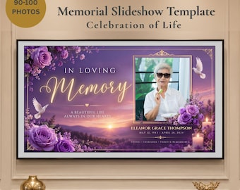 Puede incluir: Una plantilla de presentación de diapositivas conmemorativa digital con un fondo de atardecer púrpura, rosas lavanda, palomas blancas y un marco central para una foto. El texto incluye In Loving Memory, A Beautiful Life Always In Our Hearts.