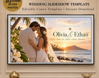 Puede incluir: Una plantilla de presentación de diapositivas de boda para Canva con una imagen digital de una pareja abrazándose en una playa al atardecer. El texto dice: WEDDING SLIDESHOW TEMPLATE, 30 Slides, 90-100 PHOTOS, Editable Canva Template, Instant Download, Olivia & Ethan.