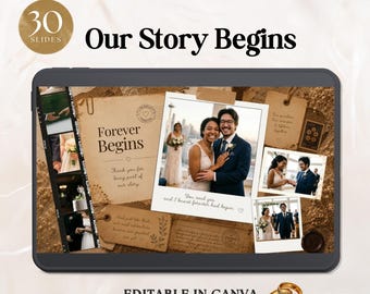 Puede incluir: Una plantilla digital para una presentación de diapositivas de boda titulada Our Story Begins, con 30 diapositivas editables en Canva. El diseño incluye texturas de papel vintage, tiras de película y marcos tipo polaroid con fotos.