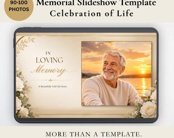 Puede incluir: Una plantilla digital de presentación conmemorativa con el texto In Loving Memory y A Beautifully Told Life Story. El diseño incluye rosas blancas, un marco dorado y una foto de muestra de una persona sonriente al atardecer junto al agua.