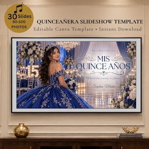 May include: A digital slideshow template for a Quinceañera featuring a royal blue theme. The graphic displays a person in a blue ball gown, the text "MIS QUINCE AÑOS," "A beautiful journey to fifteen," and "Sophia Marie," with a 30-slide capacity.
