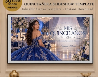 Puede incluir: Una plantilla de presentación digital para Quinceañera con temática azul real. La imagen muestra a una persona con un vestido de gala azul, el texto "MIS QUINCE AÑOS", "A beautiful journey to fifteen" y "Sophia Marie", con 30 diapositivas.